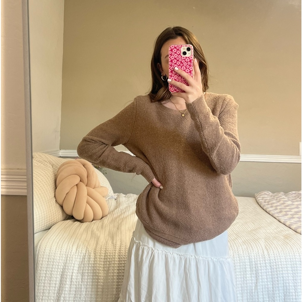 Madewell Brown Crossover Waffle Knit Crewneck Woven Sweater Women’s Size Medium - Picture 4 of 11